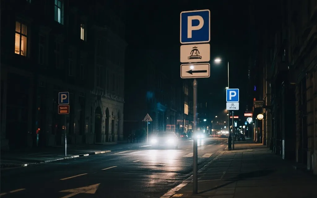 夜间城市道路与停车指示的观赛出行氛围图