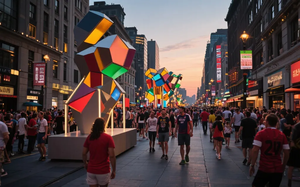 球迷步行街与城市公共艺术装置，体现赛事与城市文化融合